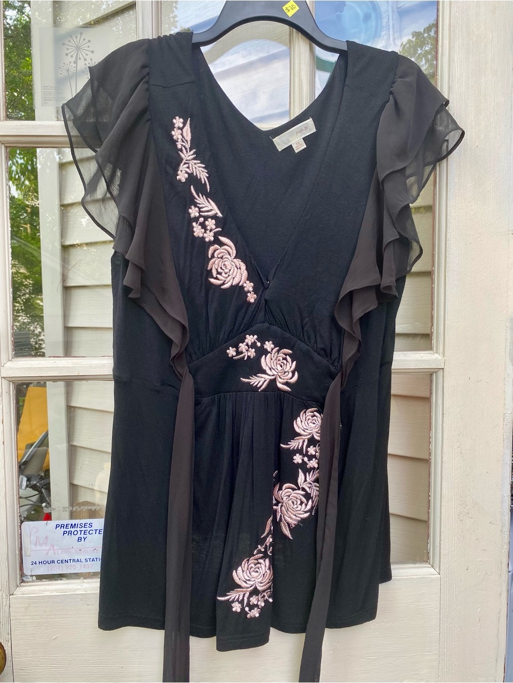 Black Tunic Top with Pink Floral Embroidery and Flutter Sleeves